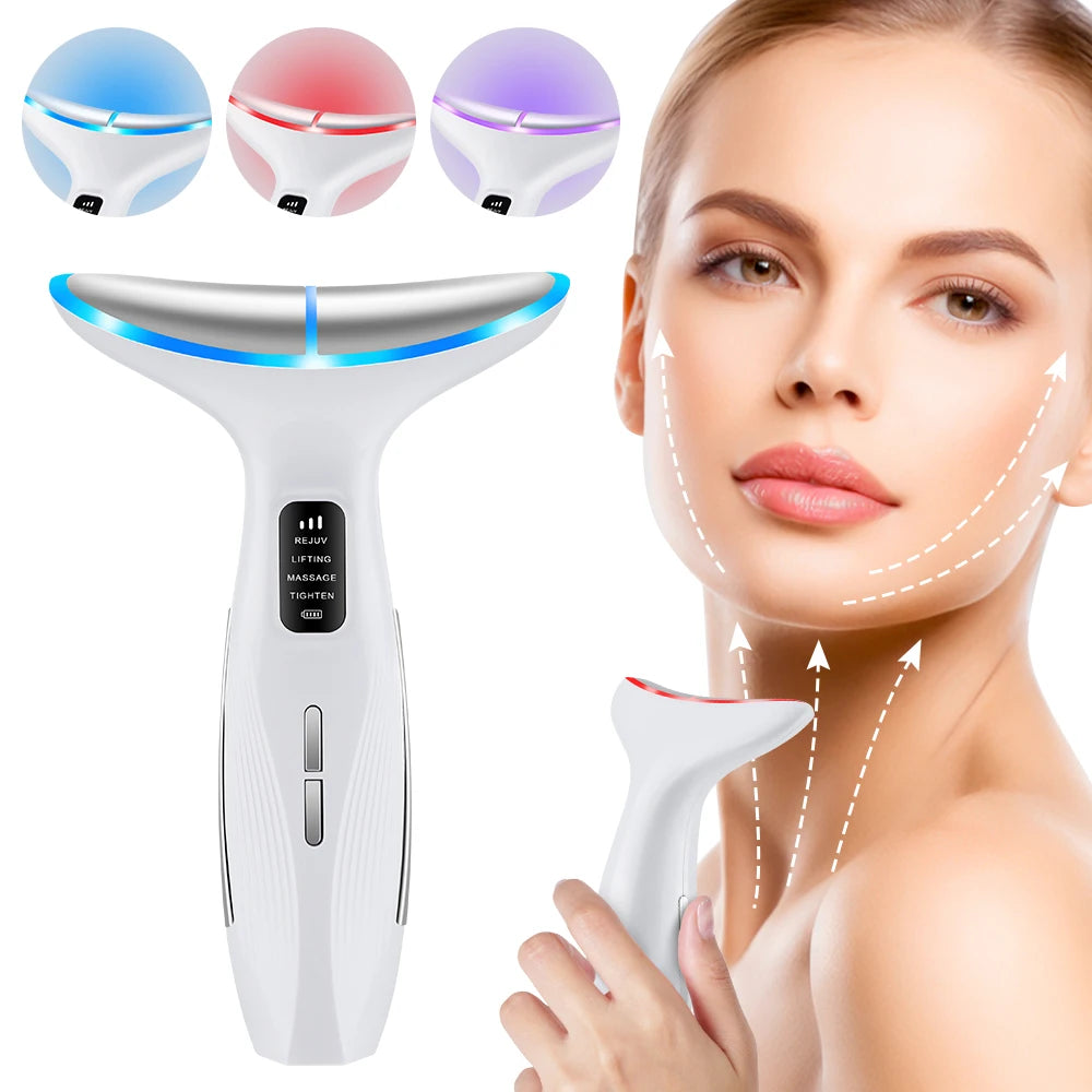 White, T-shaped EMS face and neck massager with 3-color LED light therapy, shown in use on a woman's jawline.