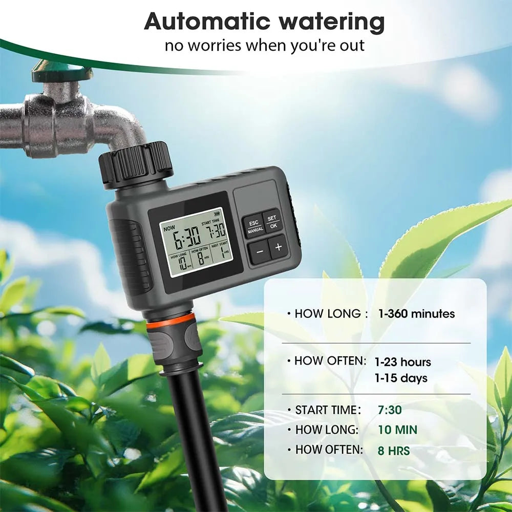 Automatic watering LCD timer controller on garden hose with orange valve connection