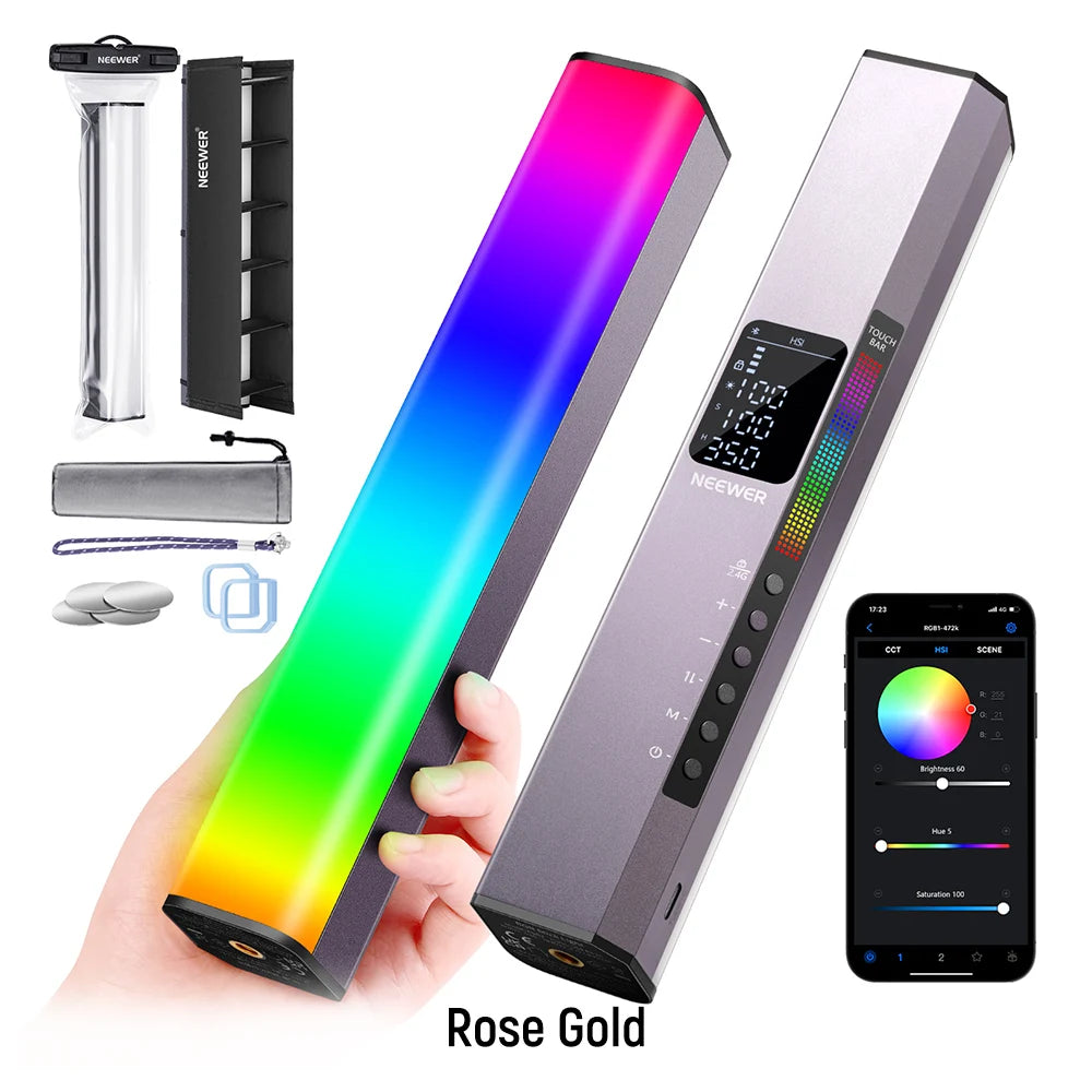 Rose gold RGB handheld LED light stick with digital display, touch bar, phone app control, and photography accessories.