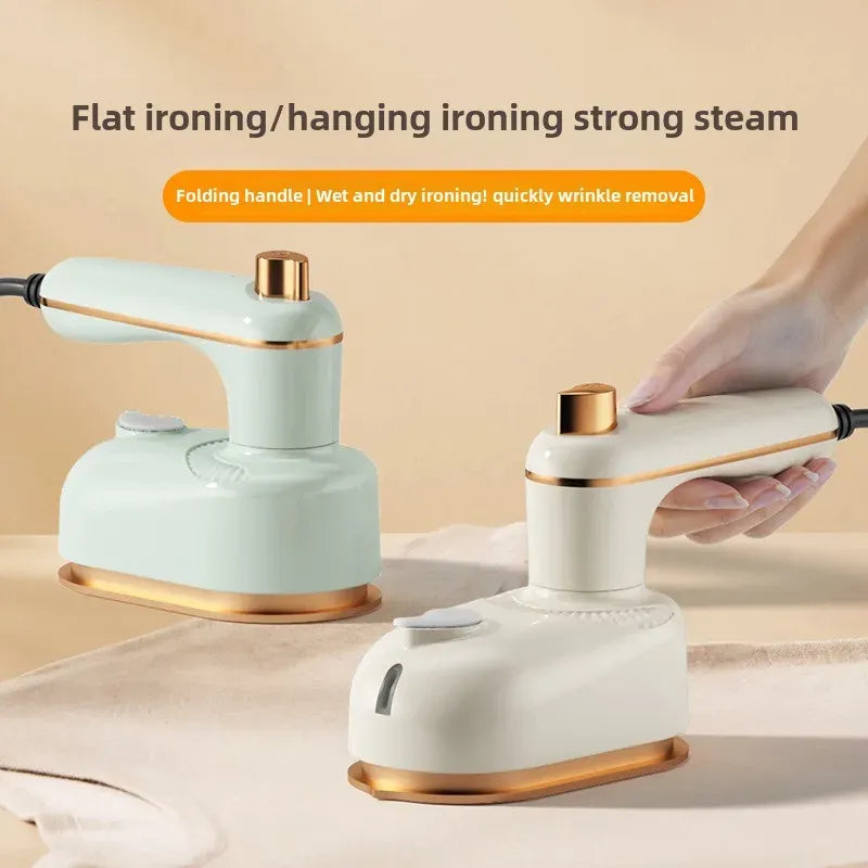 Portable garment steamer in green and white with gold accents for fast wrinkle removal.