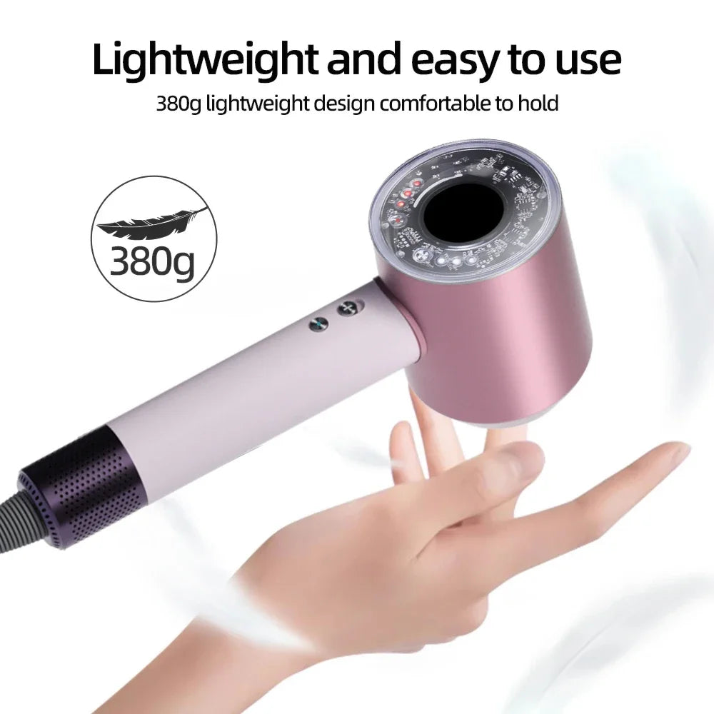 Rose gold 380g lightweight ionic hair dryer with leafless design for professional quick drying at home.