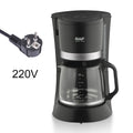 RAF 10-cup drip coffee maker in black plastic with glass carafe, 220V power plug, and silver trim detail.