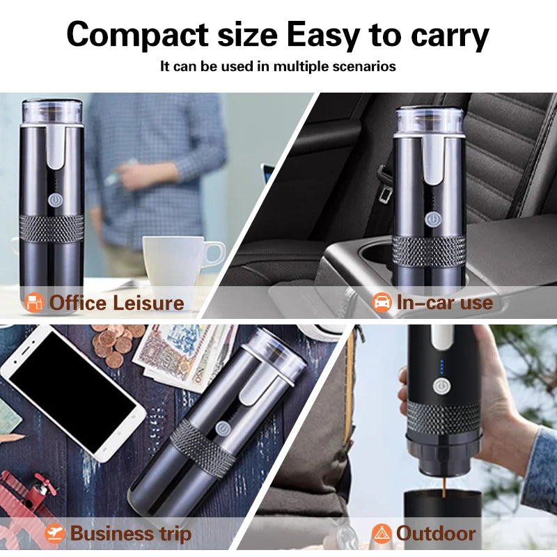 Portable black metal espresso coffee maker for travel, office, or car use with compact, hand-held design.