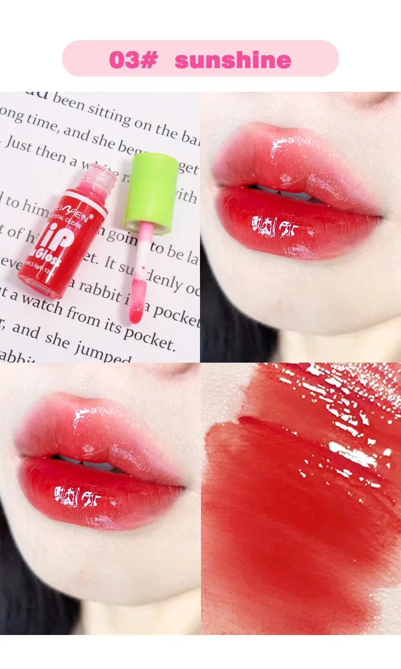 03 Sunshine hydrating lip oil with a glossy, sheer red tint for plump, moisturized lips.