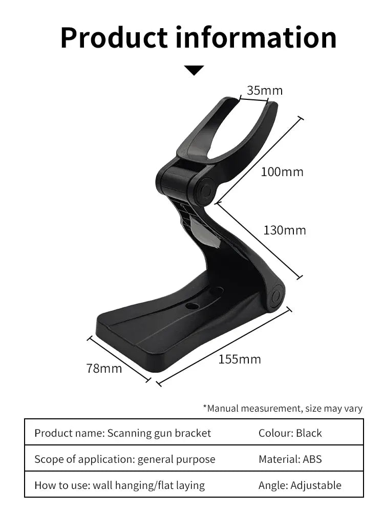Black adjustable scanner gun bracket diagram with labeled dimensions and base
