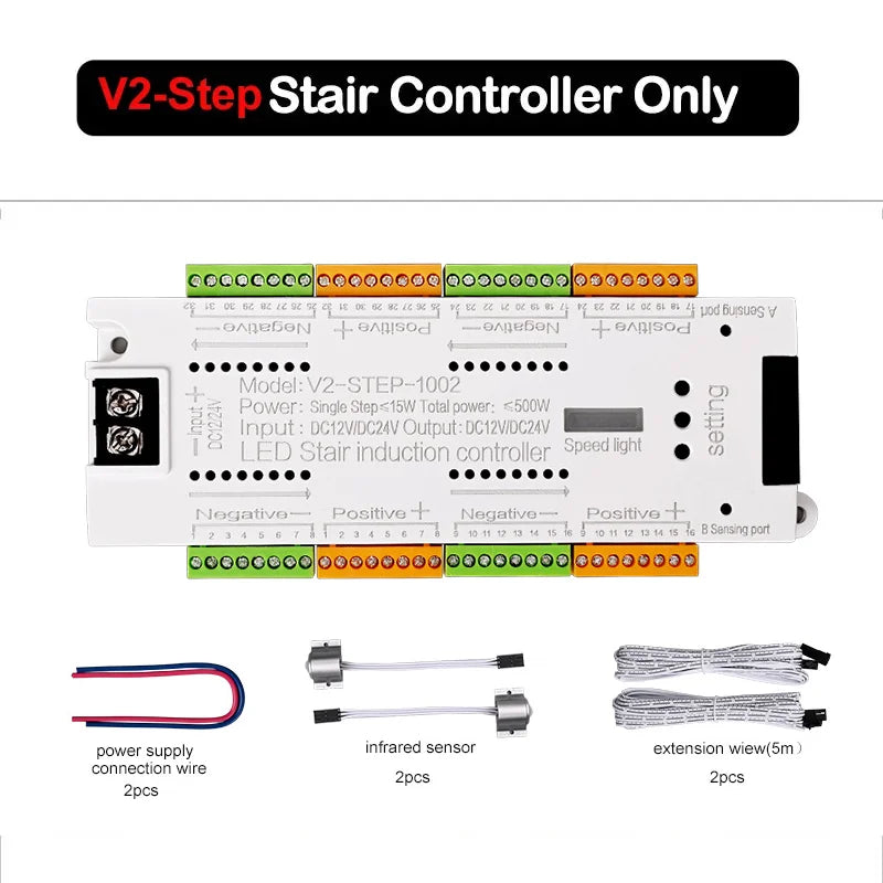V2 step stair controller with terminal blocks, infrared sensor, and wiring components