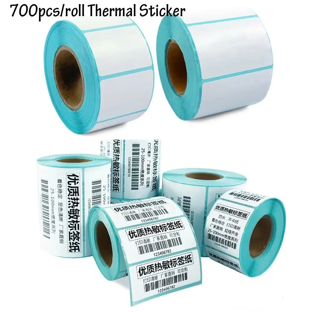 Thermal barcode label sticker rolls with white labels and teal edge backing, 2-pack view