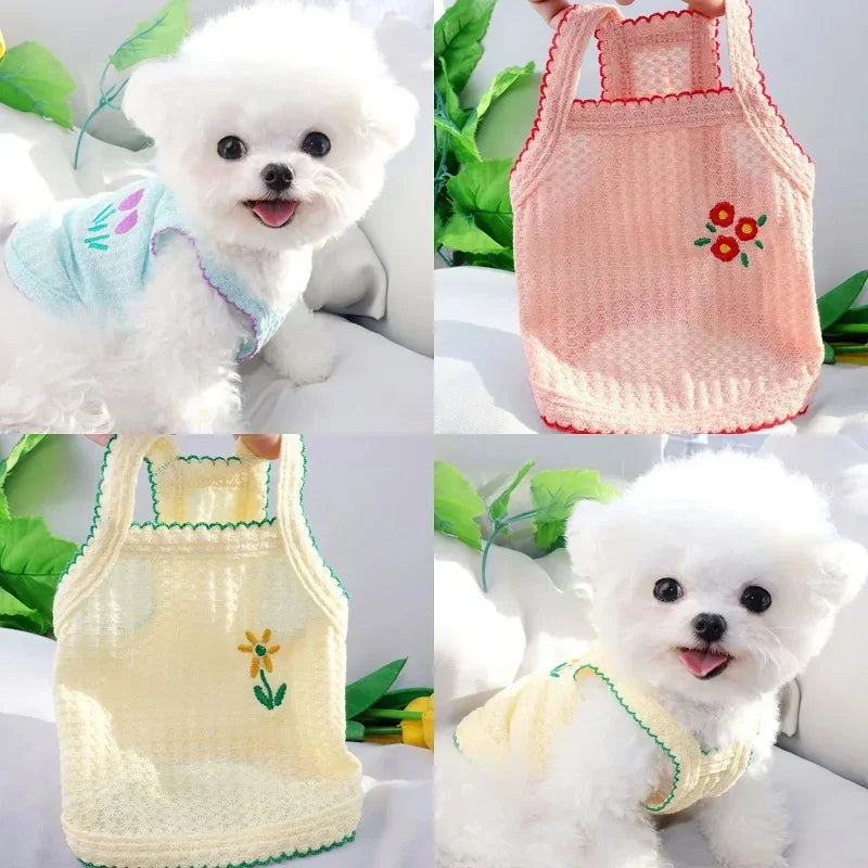 Soft, breathable thin-strap summer tank top for small dogs and cats, floral design, perfect for cool pet summer style.