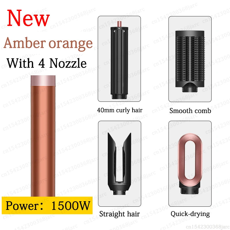 Amber orange SenCiciMen X9 1500W hair styler with 4 nozzle attachments including curling barrel, comb, and dryer head.