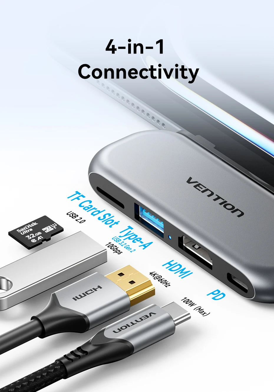 4 in 1 USB C Hub 4K 60Hz HDMI Adapter with 100W PD Power Delivery Tidesmit