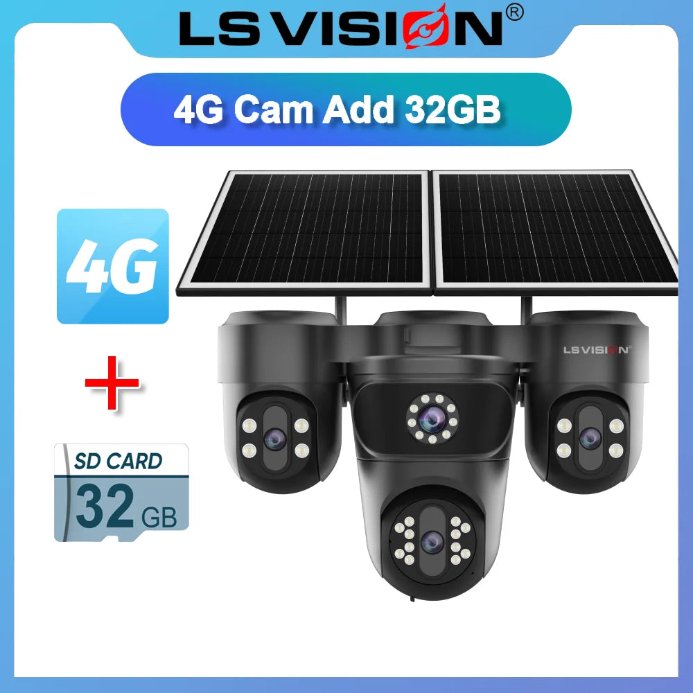 LS VISION 4G solar surveillance camera kit with solar panel and 32GB SD card