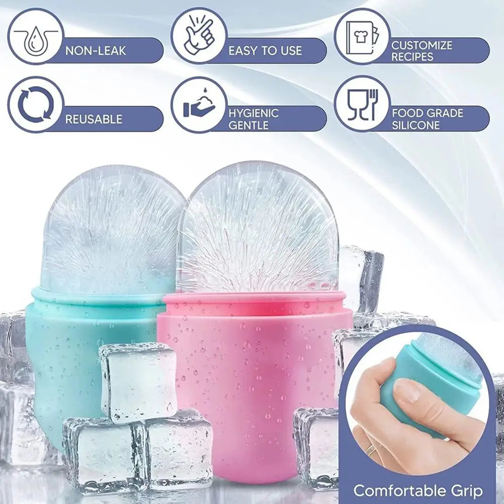 Blue and pink silicone facial ice rollers with frozen ice tops, surrounded by ice cubes and labeled product benefits.