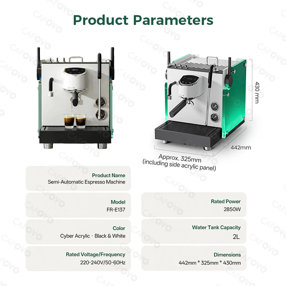 CAFOVO FR-E137 semi-automatic espresso machine, 2L capacity, black and white metal with green acrylic side panels.