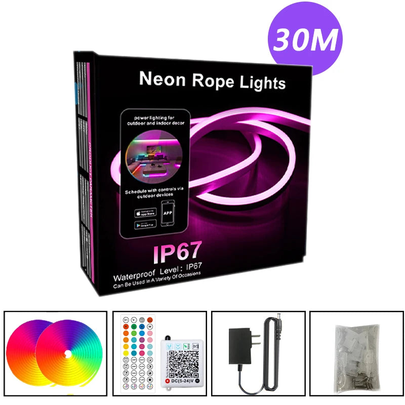 Neon rope lights kit packaging, 30M set with IP67 rating shown