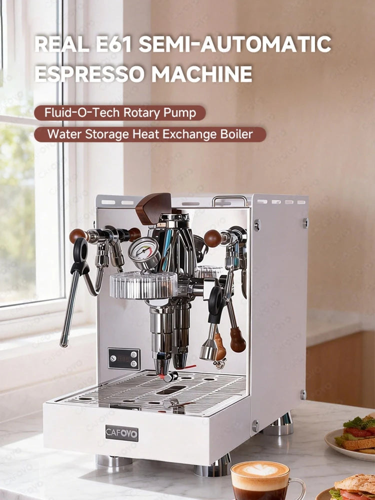 Cafovo white E61 semi-automatic espresso machine with chrome finish, rotary pump, and wooden handle accents.
