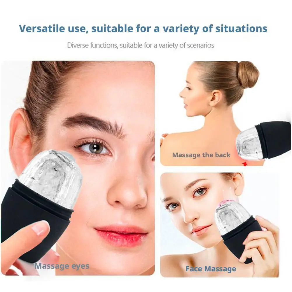 A black silicone ice face roller being used to massage the eyes, face, and back.