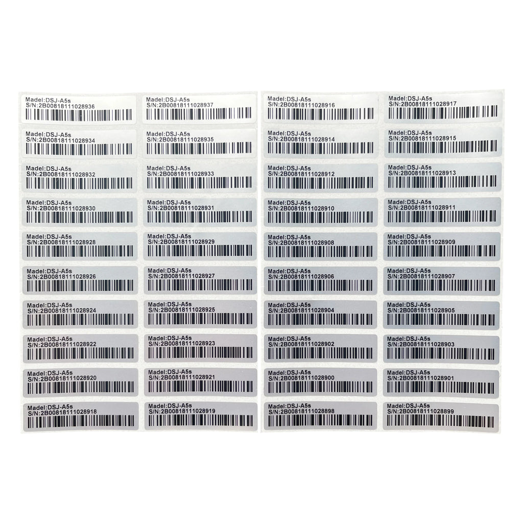 100 matte silver PET barcode labels 40x10mm for durable, fade-resistant pet product packaging and inventory tracking.