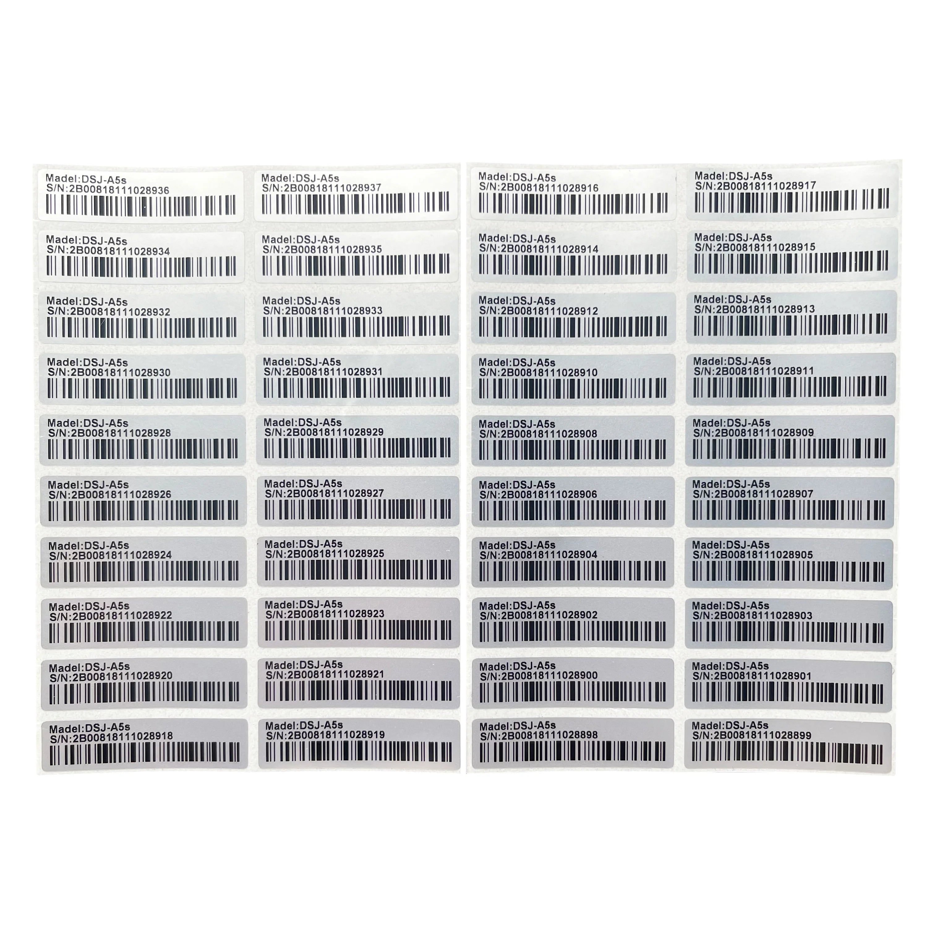 100 matte silver PET barcode labels 40x10mm for durable, fade-resistant pet product packaging and inventory tracking.