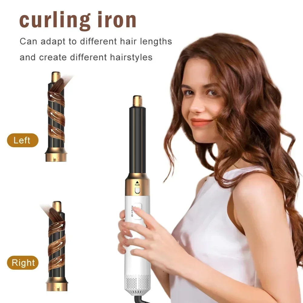 6-in-1 gold and white air curling iron styling tool with left and right automatic hair curling attachments.