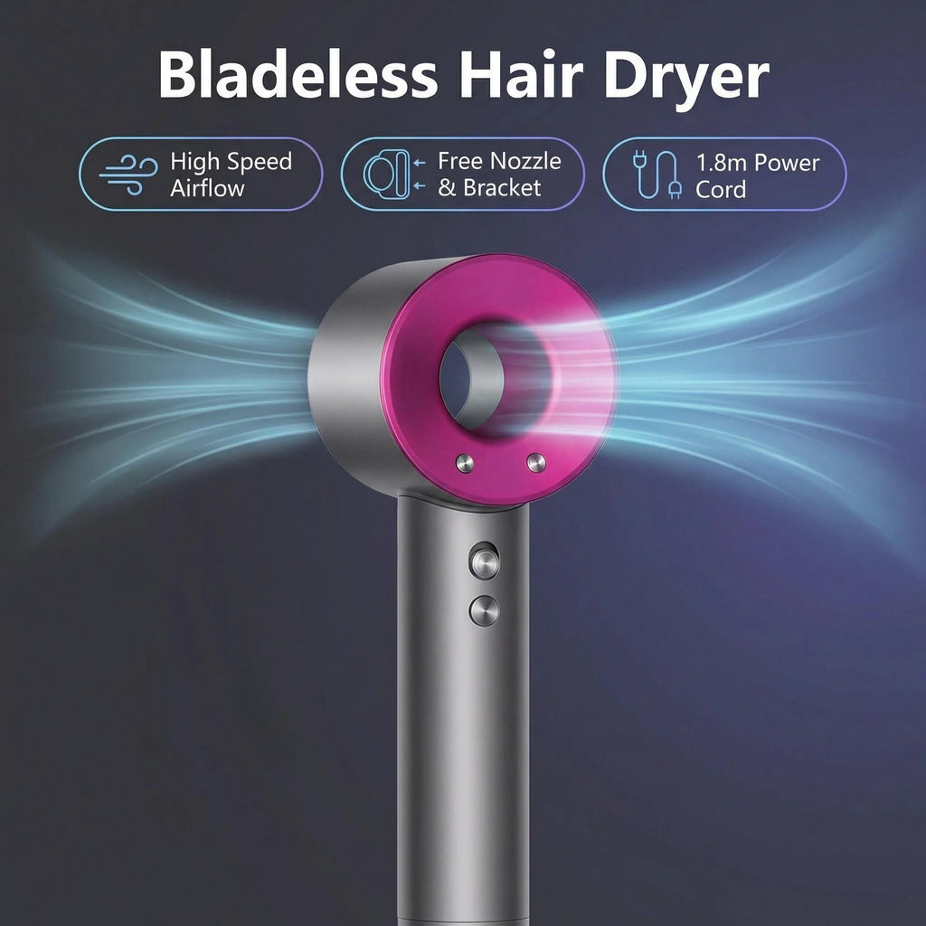 Silver and pink professional bladeless hair dryer with high-speed airflow and wall-mount bracket for home or salon.