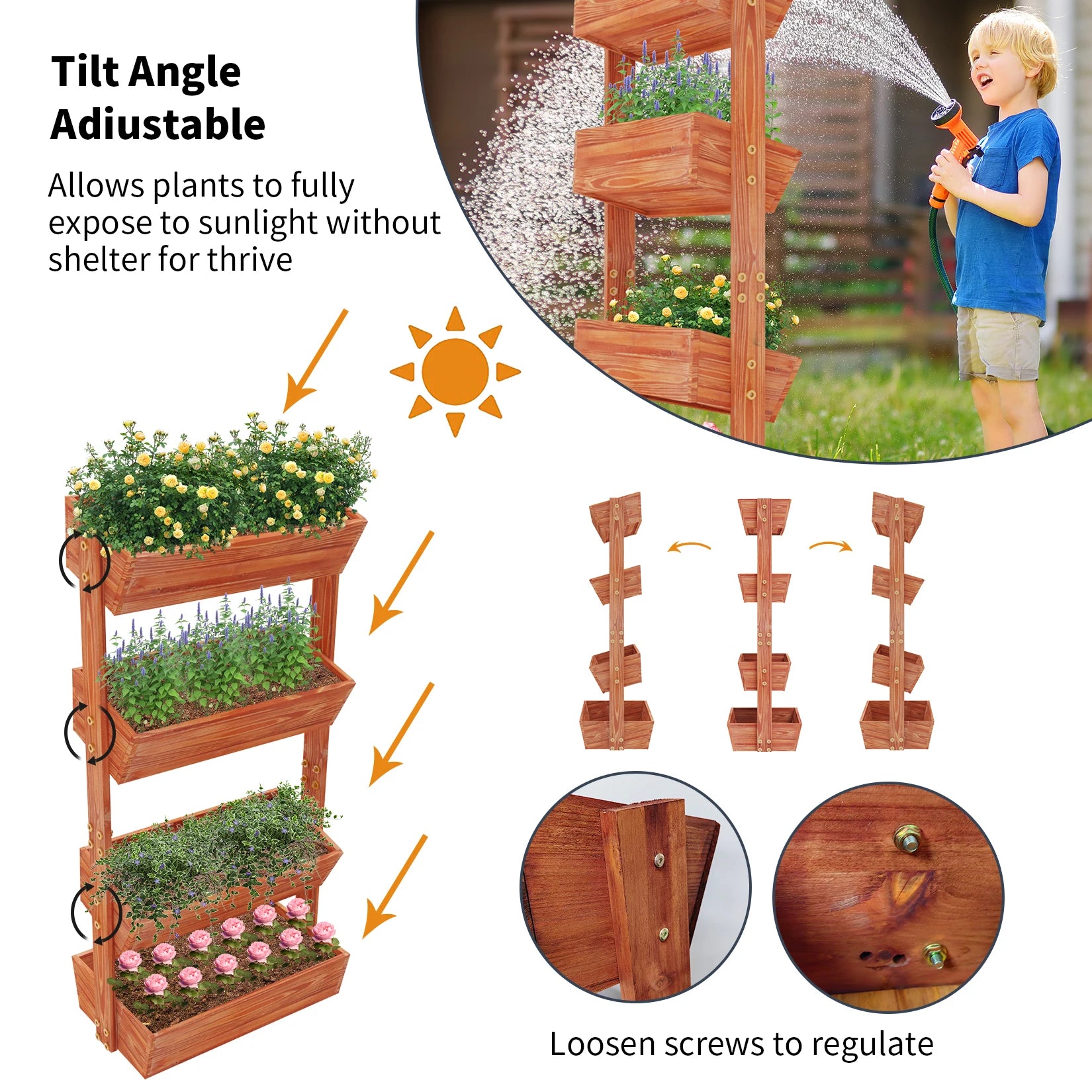 Reddish brown 4-tier raised planter box with adjustable tilt for sunlight exposure