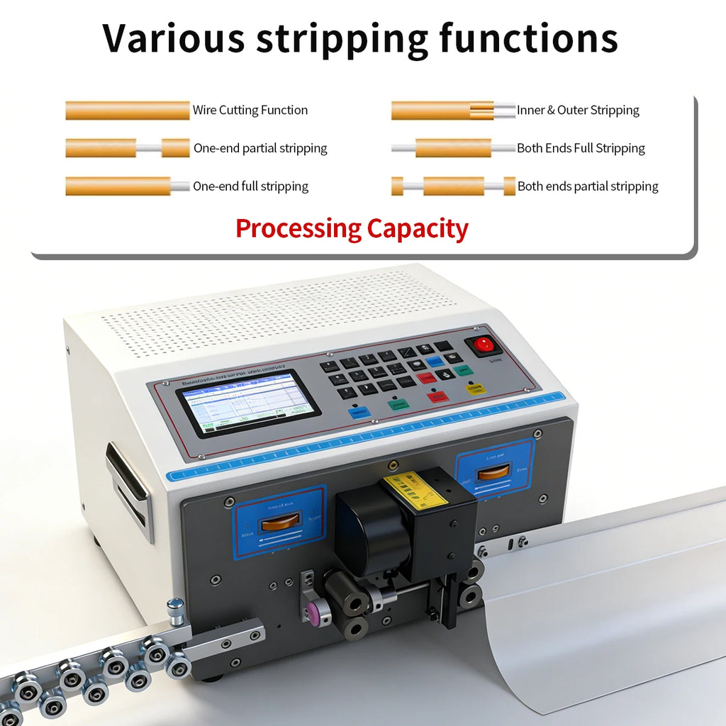 0.1-4mm² Computer Wire Stripping Machine Adjstable Cutting Length Cable Stripper LED Screen 110V 220V 32bit Smart Control System