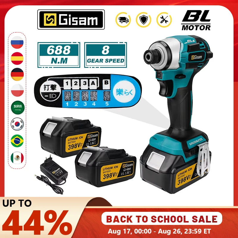 688N.m 1/4'' Brushless Electric Screwdriver Cordless Screwdriver Electric Drill Impact Driver Kit for Makita 18V Battery Pin