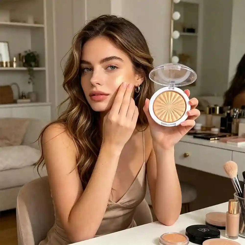 Tidesmit 3D pearlescent monochrome highlighter powder featuring a shiny matte finish for glowing face makeup