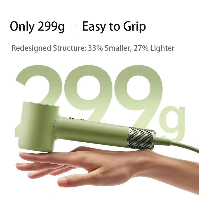 Laifen Mini high-speed hair dryer in sage green, ultra-light 299g portable design for dorms and home use.