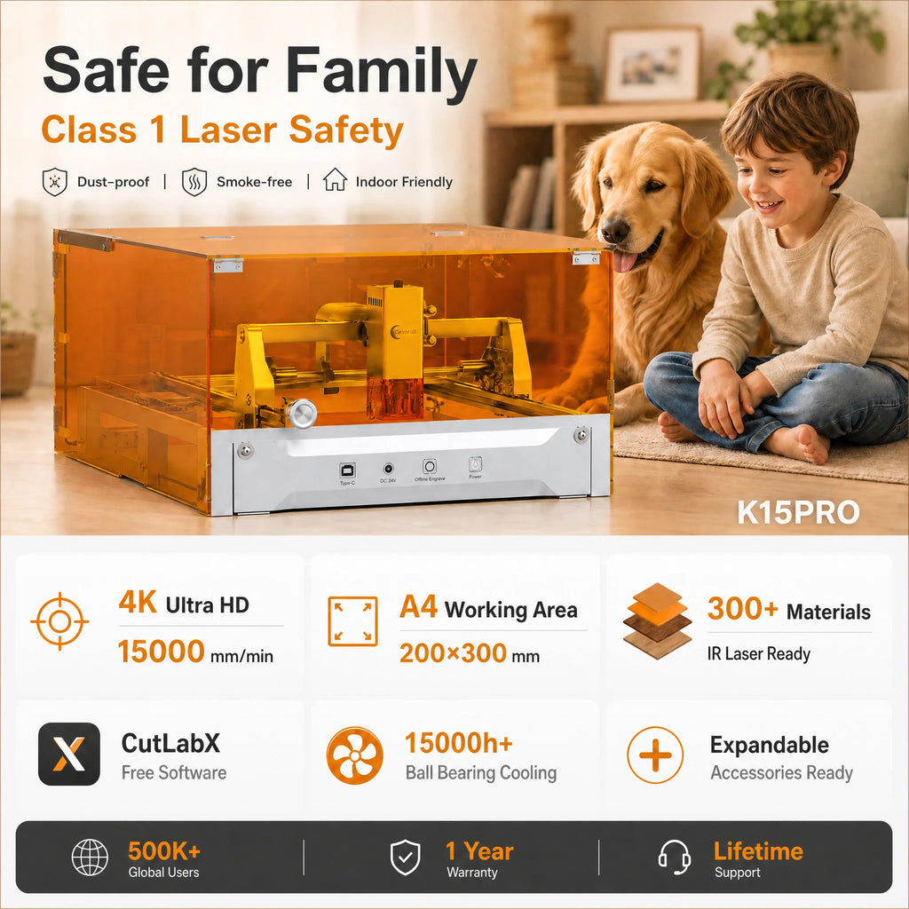 Carverall K15PRO 12W Enclosed Laser Engraver Cutter, Class 1 Safety Diode Laser Engraving Machine, A4 297x210mm, 15000mm/min, 0.01mm Precision, Free Software, DIY Crafts, Personalized Gifts, Home Workshop Small Business, Wood