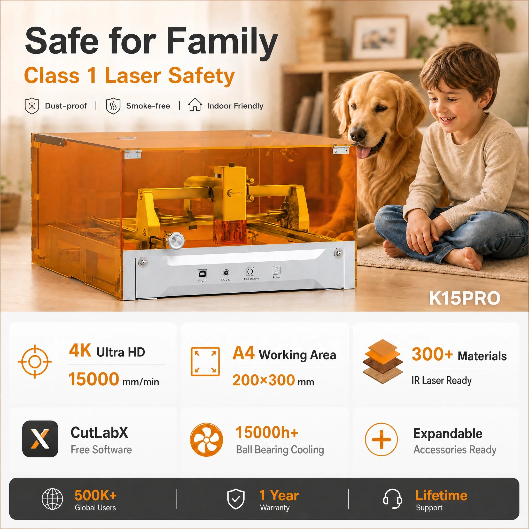 Carverall K15PRO 12W Enclosed Laser Engraver Cutter, Class 1 Safety Diode Laser Engraving Machine, A4 297x210mm, 15000mm/min, 0.01mm Precision, Free Software, DIY Crafts, Personalized Gifts, Home Workshop Small Business, Wood