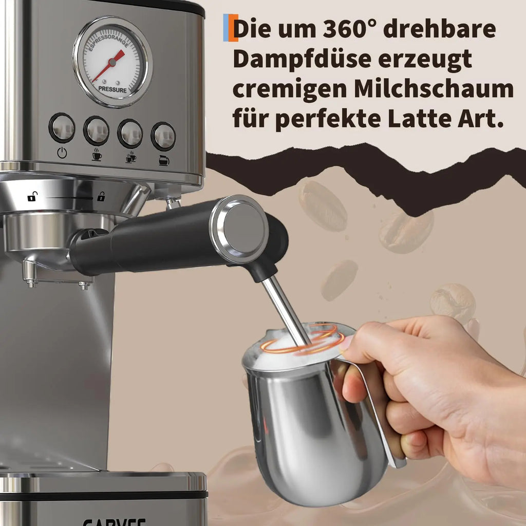 Stainless steel Carvee espresso machine with 360-degree steam wand frothing milk in a silver pitcher.