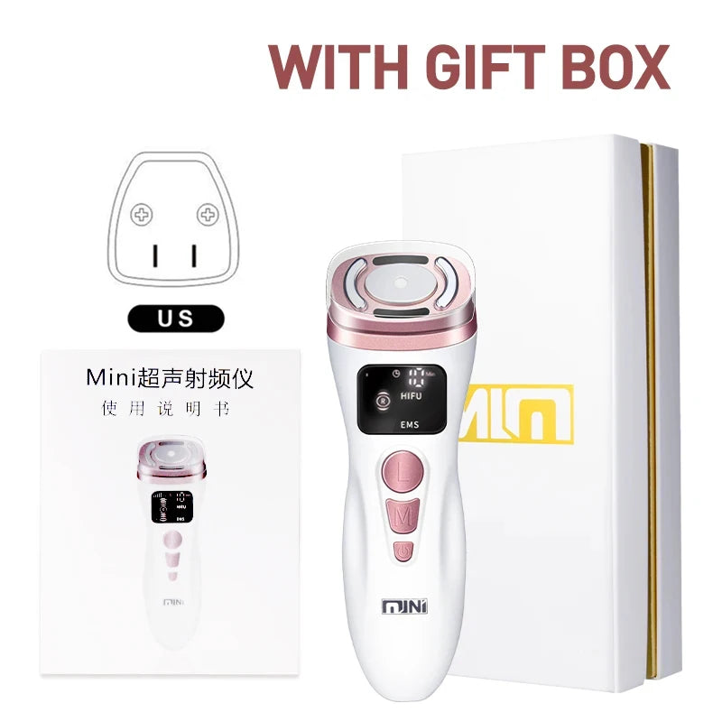 White and rose gold handheld HIFU facial device with digital display, buttons, manual, and a gift box.
