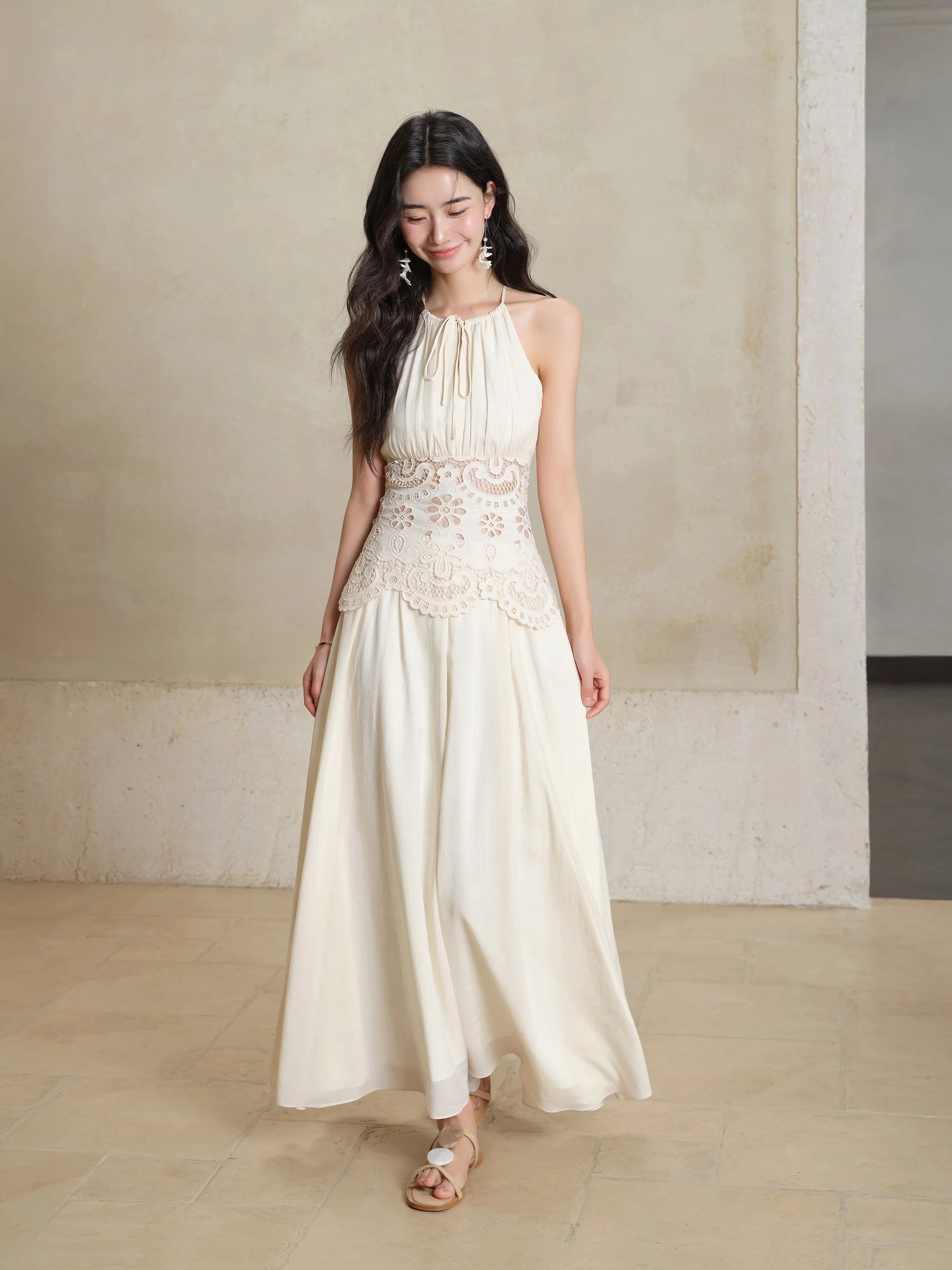 Lace Halter Maxi Dress Women Summer A-Line Slim Fit French Style Elegant Long Dress Hollow Out Sleeveless Fake Two-Piece Outfit
