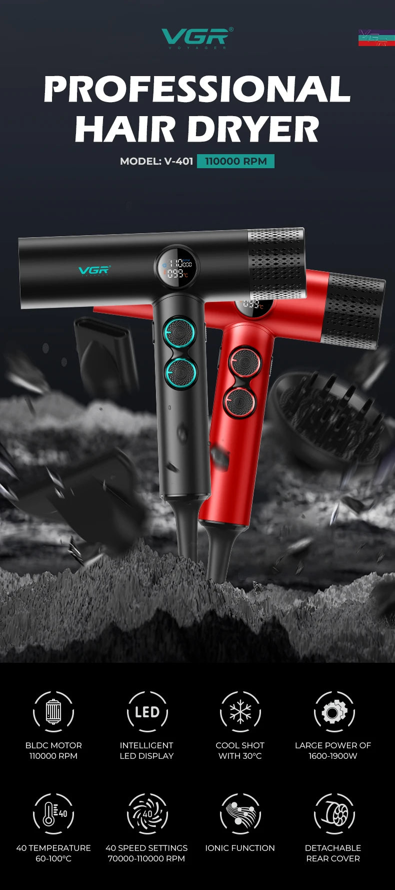 Black and red VGR V-401 professional 110,000 RPM hair dryer with digital display, styling attachments, and ionic tech.
