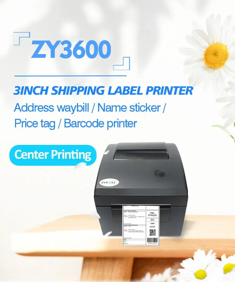 Black center-print 3-inch label printer showing a blank label being printed