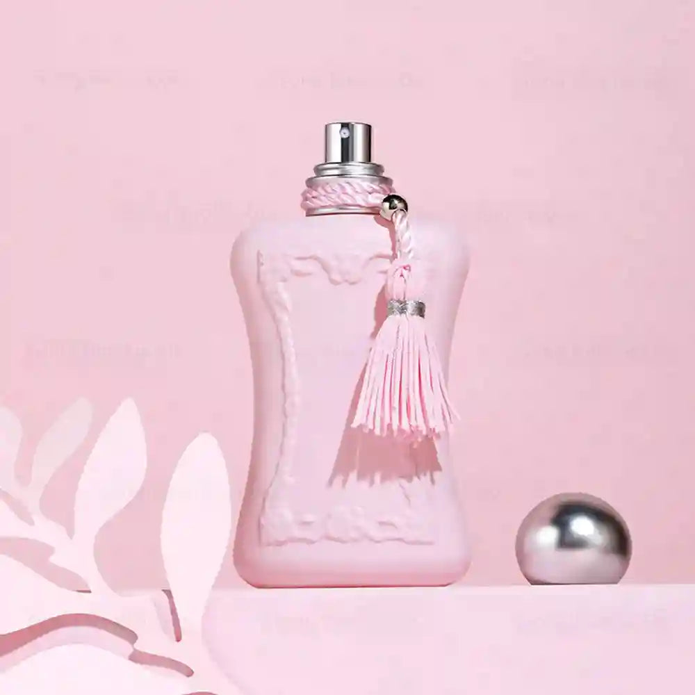 Gong Bao La Ge 75ml EDP floral perfume for women. Pink matte glass bottle with ornate frame and decorative pink tassel.