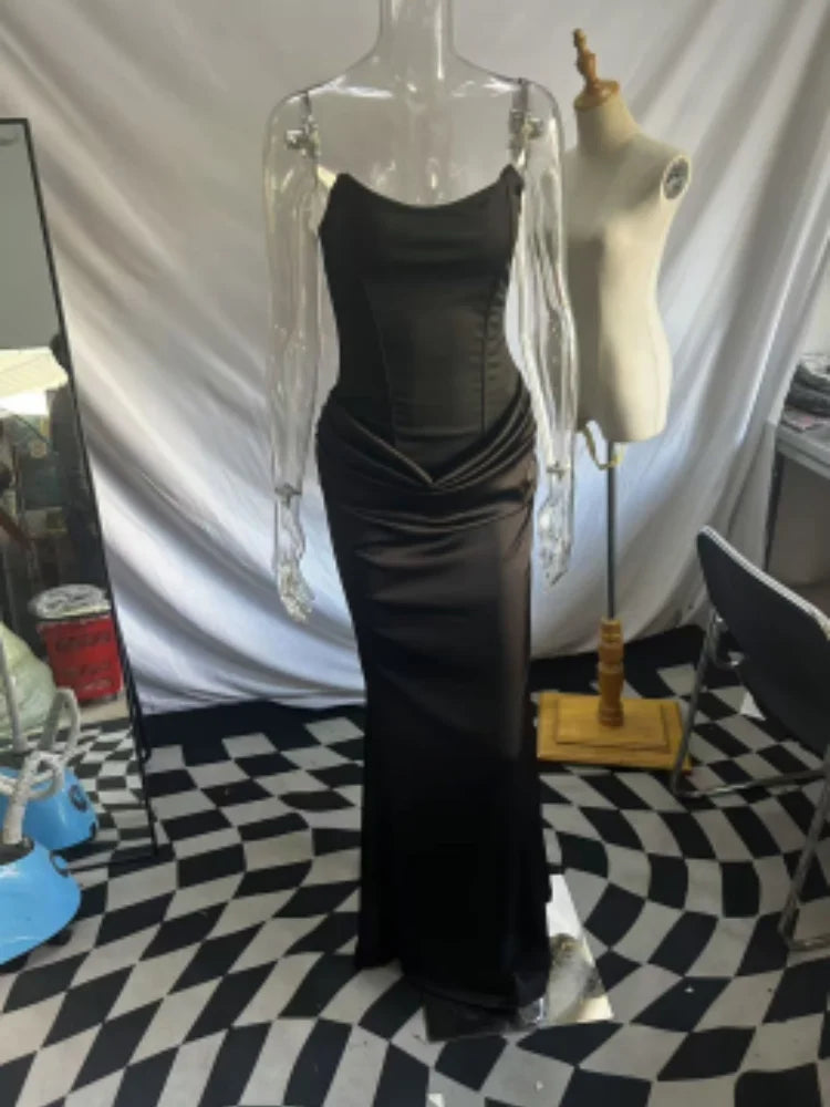 Strapless Satin Mermaid Maxi Dress Women Draped Waist Formal Party Evening Gown Y2K Sexy Elegant Clubwear