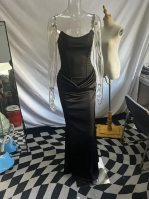 Strapless Satin Mermaid Maxi Dress Women Draped Waist Formal Party Evening Gown Y2K Sexy Elegant Clubwear