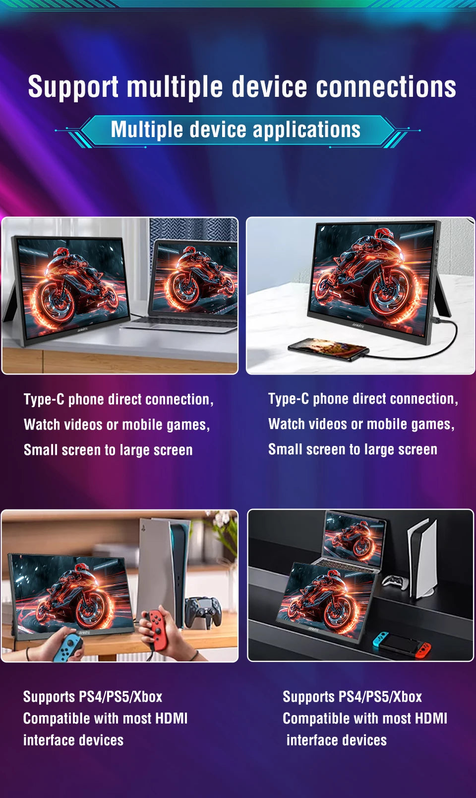 Anmite 18.5inch Portable Monitor 120Hz RGB100% With VESA Hole & Back bracket Laptop Extended Display ADS-IPS HDR Screen