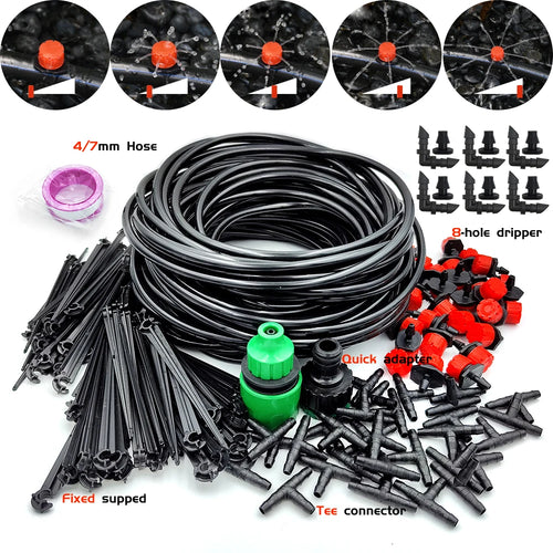 Garden drip irrigation kit with coiled hose, red emitters, tees, and end plugs