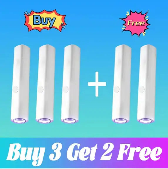 Five white, cylindrical wart removal pens arranged on a blue background with a "Buy 3 Get 2 Free" promotional label.