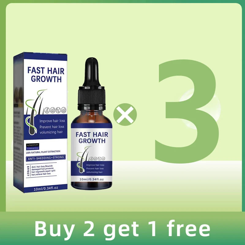 Three bottles of Fast Hair Growth essence in brown glass dropper vials with blue and white packaging.
