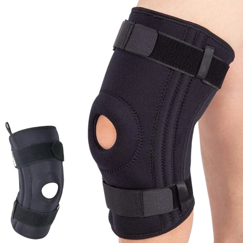 Black neoprene knee brace with straps for orthopedic joint support and pain relief.