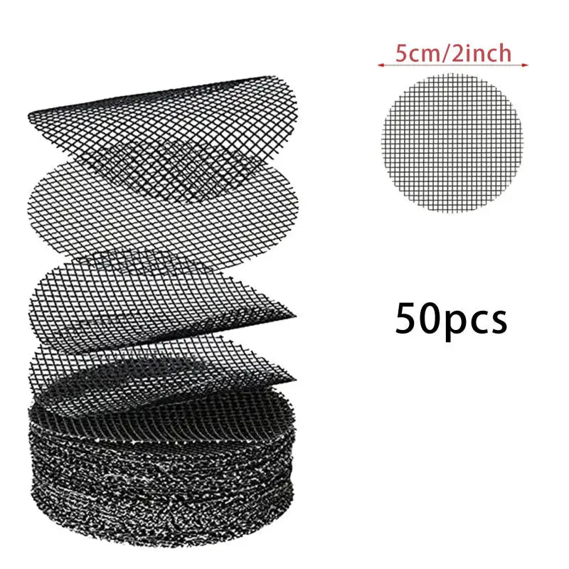 Set of multiple black round mesh drainage screens with grid openings, 50pcs