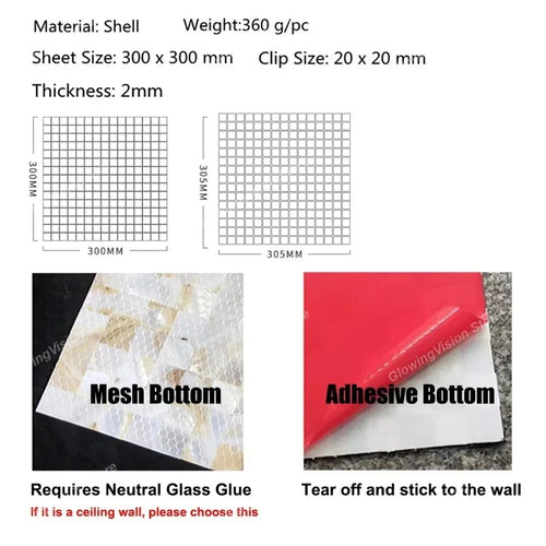 Mother-of-pearl shell mosaic tile sticker sheet size and adhesive backing diagram