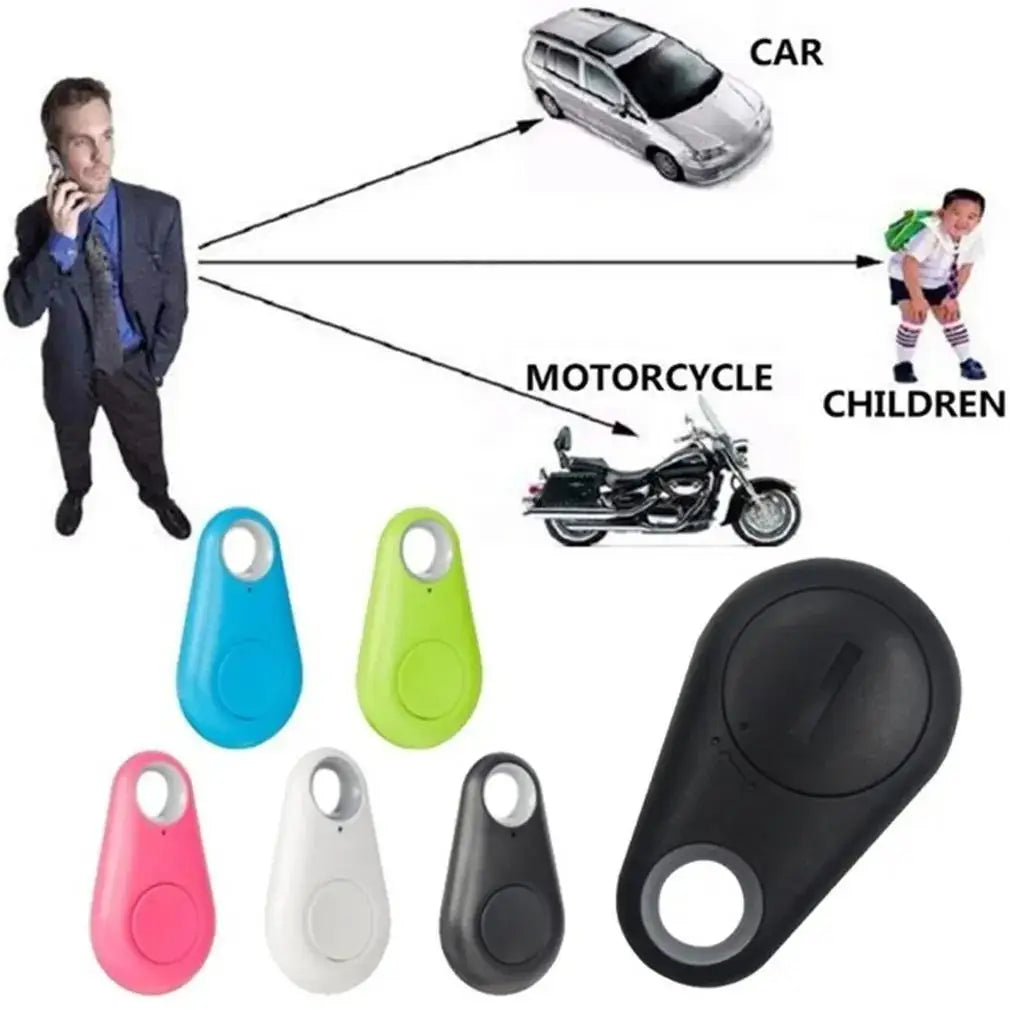 Colorful mini Bluetooth GPS tracker tags for pets, kids, and keys to prevent loss via smartphone app location tracking.