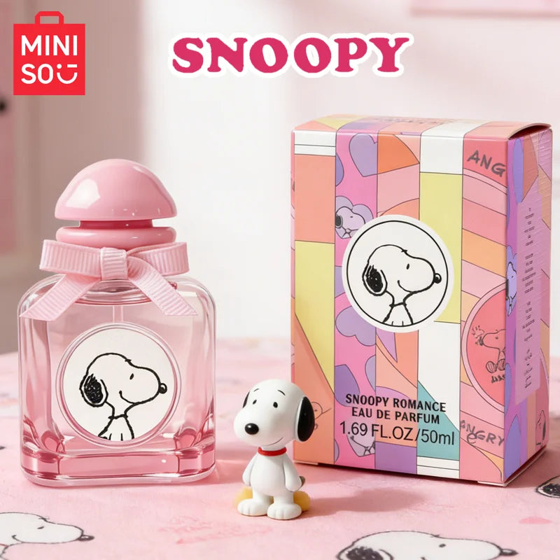 MINISO Snoopy Romance EDP: Women's 50ml fruity floral perfume in a pink square bottle with a cute bow. Perfect gift.
