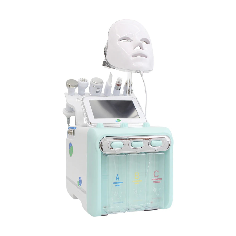 7-in-1 water dermabrasion facial machine with LED mask for deep skin cleansing, blackhead removal, and tightening.