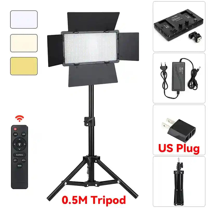 LED video light panel with barn doors, remote, and 0.5m tripod stand for photography and studio lighting.
